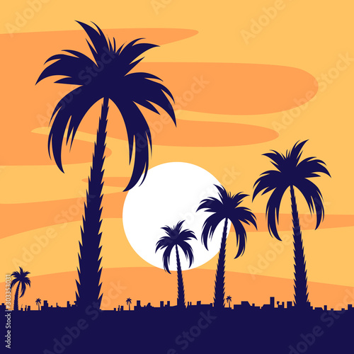 Palm trees. Summer tropical background with palm leaves. Palm tree background. For banners, t-shirts, advertising, etc. Flat style. Vector illustration © Bon_man