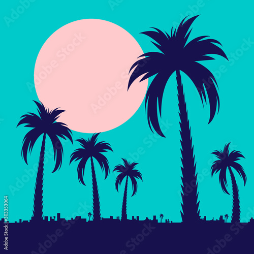 Palm trees. Summer tropical background with palm leaves. Palm tree background. For banners  t-shirts  advertising  etc. Flat style. Vector illustration