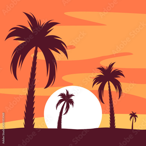 Palm trees. Summer tropical background with palm leaves. Palm tree background. For banners, t-shirts, advertising, etc. Flat style. Vector illustration © Bon_man