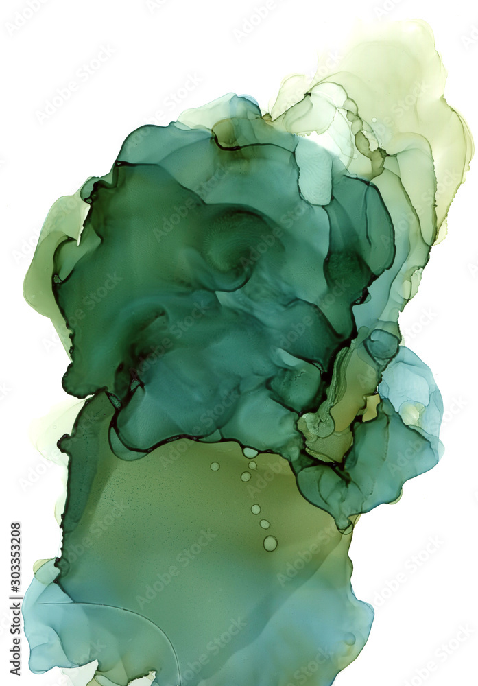 Obraz premium Alcohol Ink color abstract painting. Sky blue, green color, water, environmental friendliness.