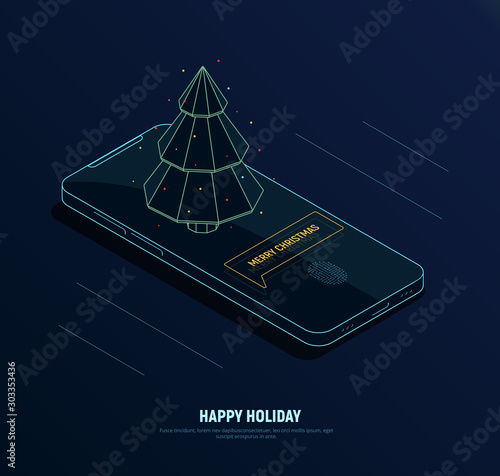 Futuristic isometric christmas concept. Neon phone with notification Merry Christmas and poligonal fir tree. Vector illustration.