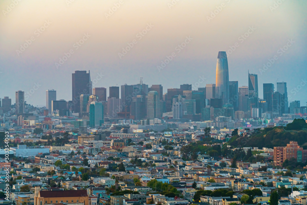 View of San Francisco skyscrapers at twilight