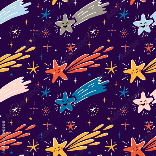Cartoon Comet Vector Seamless Pattern for Kids. Little Cute Falling Star Background. Shooting Stars for Holiday or Birthday, Baby Shower or Nursery Design