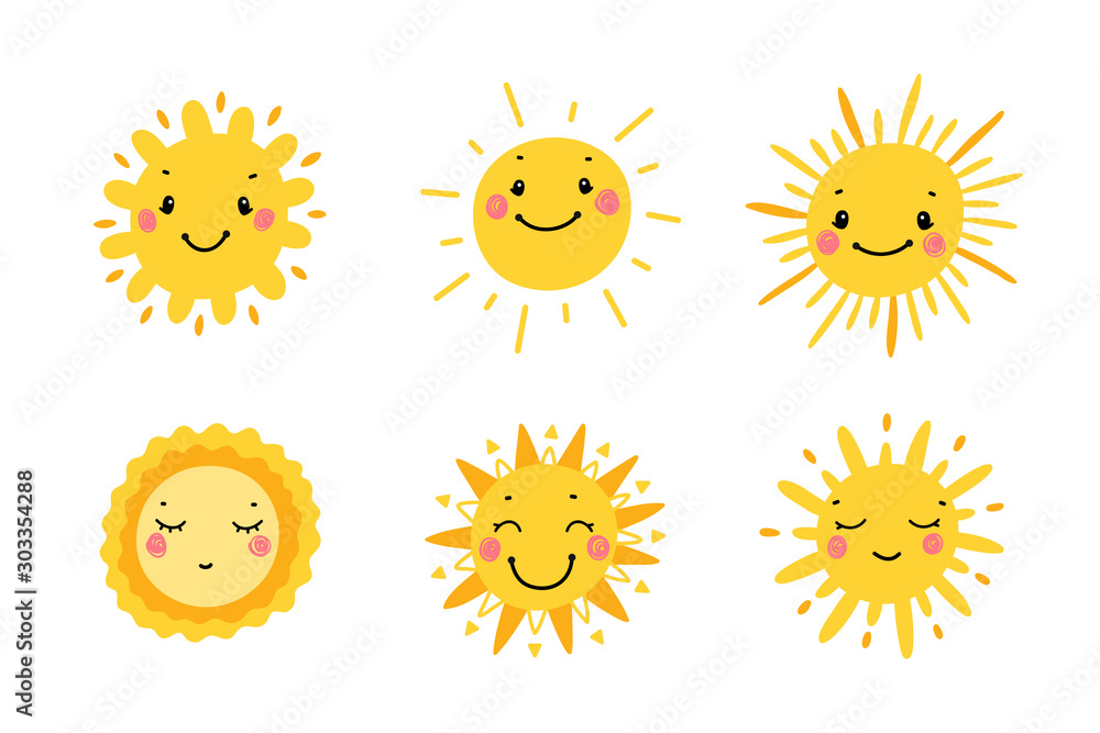 Cute Sun Icon Vector Set. Hand Drawn Doodle Different Funny Suns  - obrazy, fototapety, plakaty 
