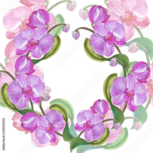 Fototapeta Naklejka Na Ścianę i Meble -  Orchids. Branch with flowers, buds and leaves on a dark background. Seamless background. Collage of flowers and leaves. Use printed materials, signs, objects, sites, maps.