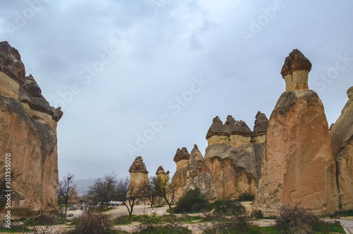Tuff rocks in the form of stone mushrooms in Turkish Cappadocia. Pashabag Valley