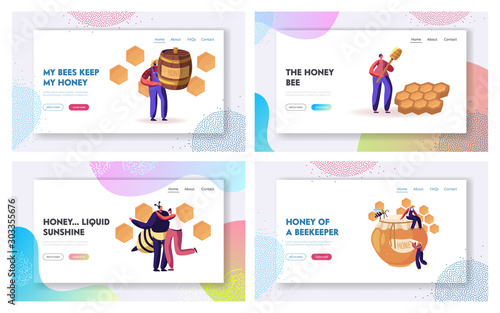 Beekeeping Process and Honey Producing Industry Website Landing Page Set. People Characters in Uniform Caring of Bees, Taking Honey from Honeycombs Web Page Banner. Cartoon Flat Vector Illustration