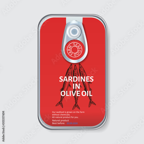 Packaging for seafood. Label for boxing natural products. Canned sardines in oil.