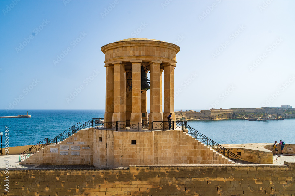 The Siege Bell Memorial in Valletta, Malta, overlooking the Grand Harbour.
