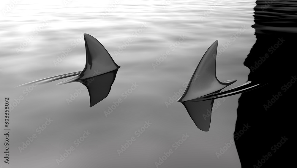 Αυτοκόλλητο 3d illustration of two scary sharks circling in the water