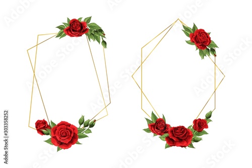 Wedding invtation card design template. Red rose flowers with golden frame
