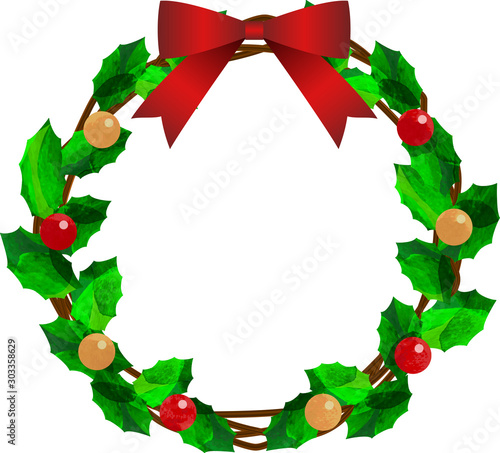 イラスト_クリスマスリース_蔓_リボン_柊_ベクター_切り絵風