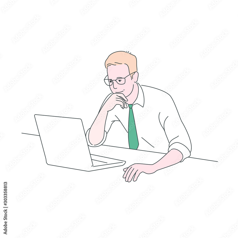 The man in the tie in front of a laptop, the image style by hand, a vector image EPS. The man in the tie in front of a laptop, the image style by hand, a vector image EPS.