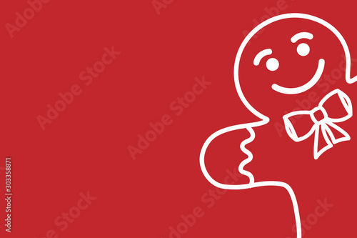 Minimalistic red christmas background with white silhouette of gingerbread man. Modern trendy template for banner, card, poster with copy space. Vector EPS10 illustration.