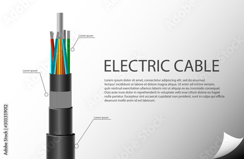 Electric Cable technology. Fiber cable Transparent background. Realistic style isolated. The wire in the cut
