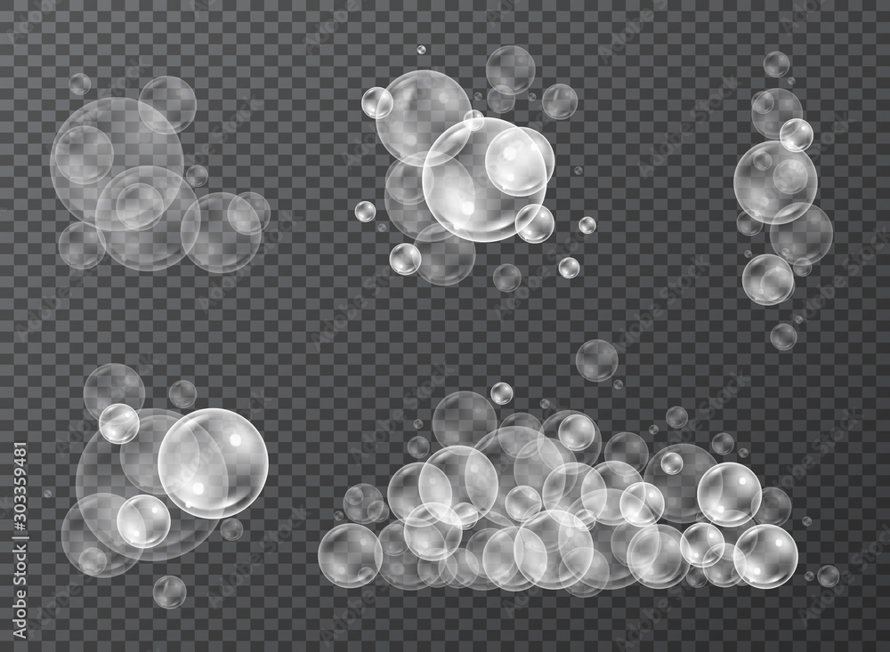 Water bubbles in realistic style set for shower with reflection. Transparent background. Vector illustration - obrazy, fototapety, plakaty 