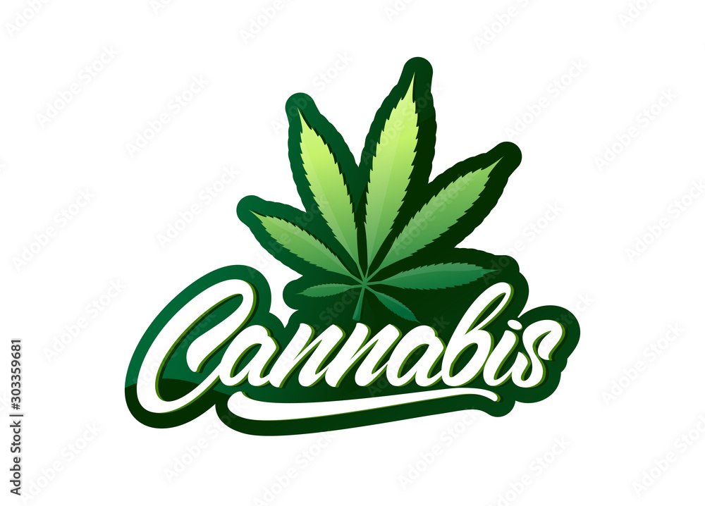 Cannabis in lettering style with leaf and gradient logo. Vector colourful emblem