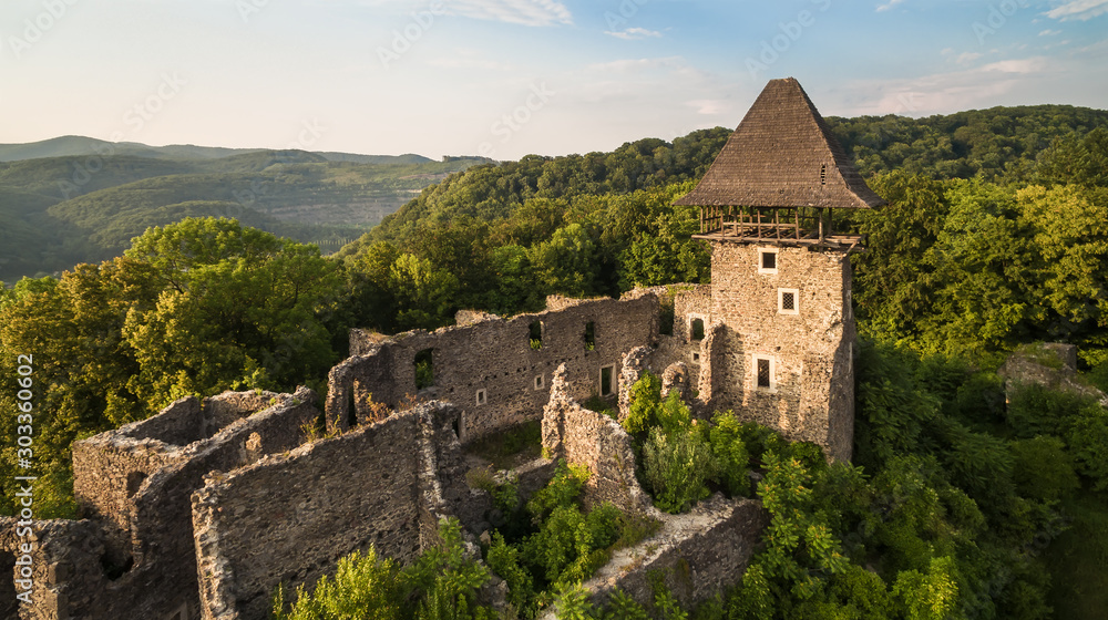 Aerial view on the Nevitsky castle - is the pearl of Transcarpathia. The ruins of an ancient castle built in the 13th century. One of the most interesting castles of western Ukraine.