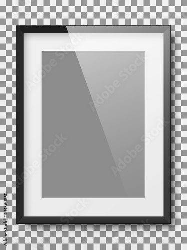Realistic black vertical picture frame with transparent glass isolated on checkered background vector illustration.