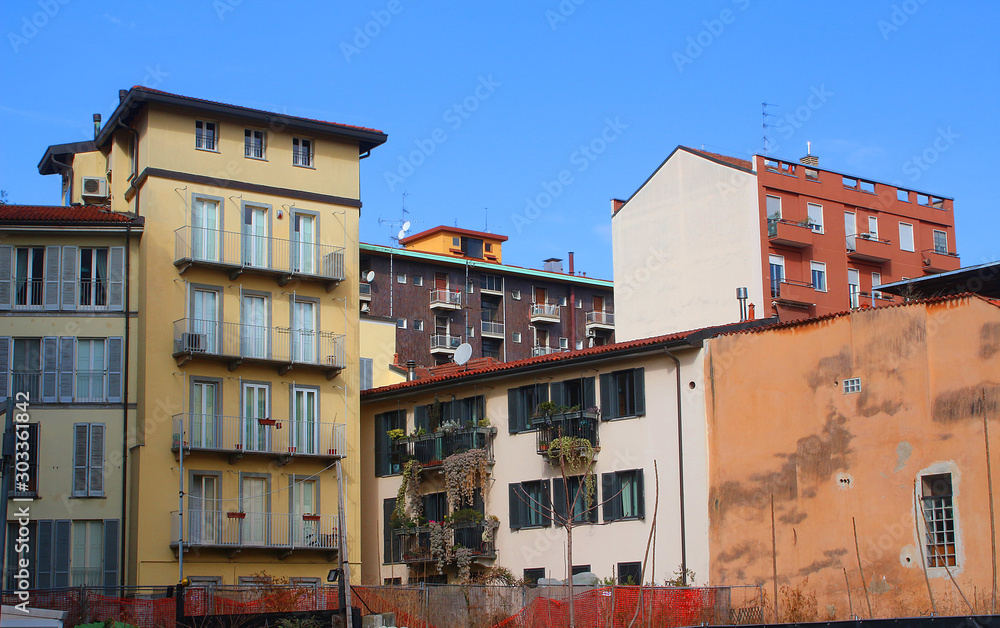 Apartment buildings in the Brera quarter of the historic center of  Milan (Northern Italy)