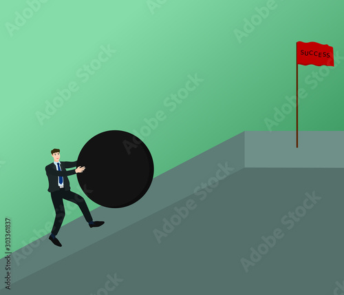 Businessman pushing big obstacle up top slope way to success flag