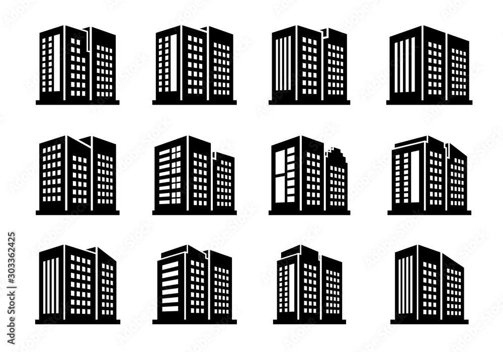 Perspective icons buildings and vector company set on white background, Black office and bank collection