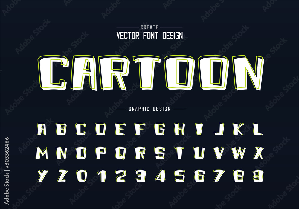 Line cartoon font and alphabet vector with shadow, Bold typeface and number design, Graphic text on background