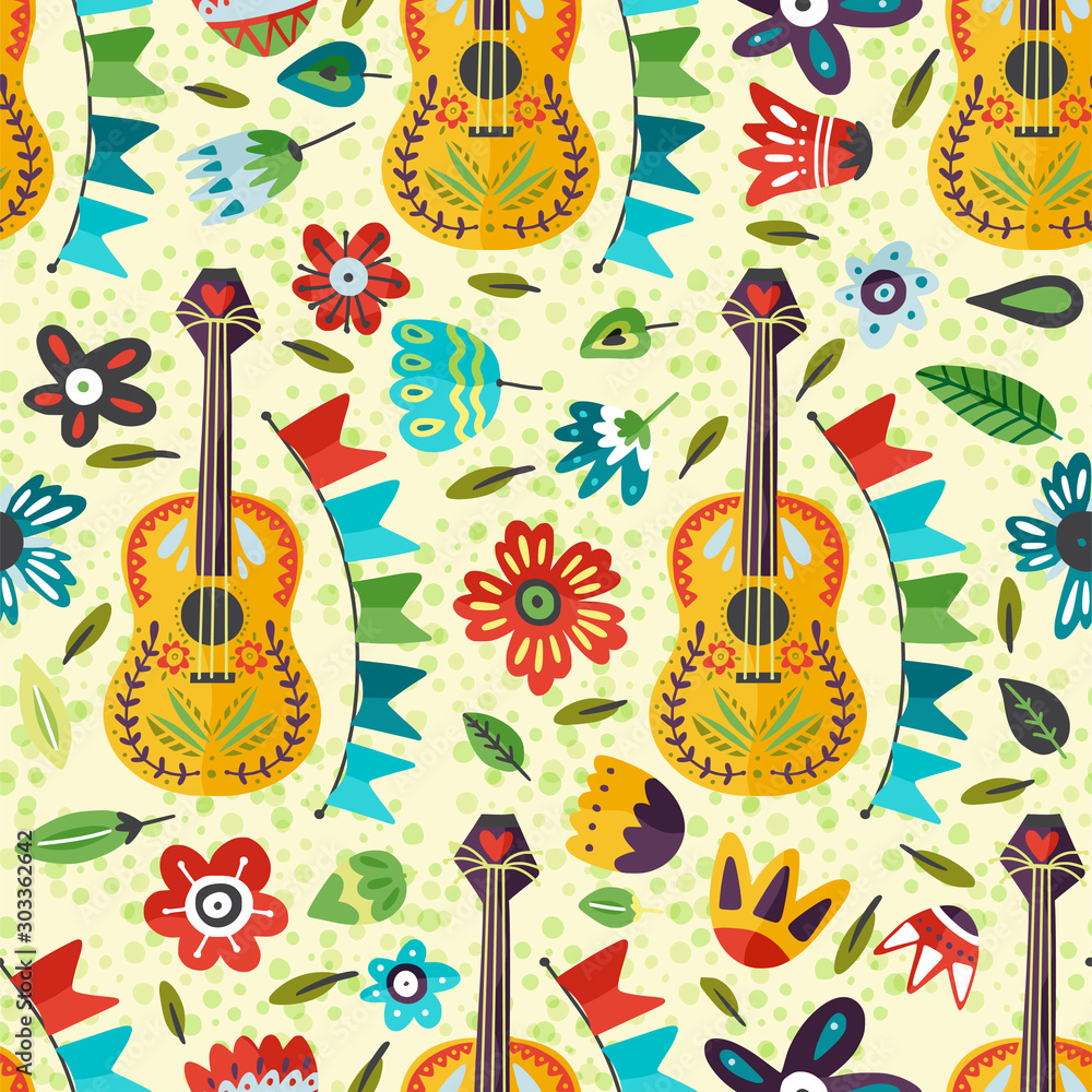 Φωτογραφία Seamless festival vector pattern with guitar and flowers
