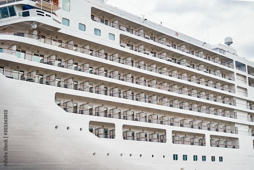 View of balconies of the cabins on cruise ship moored in the port