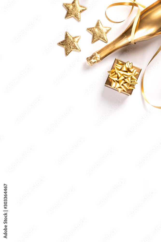 Decorated Bottle of Golden Champagne.Symbol of Christmas and New Year.