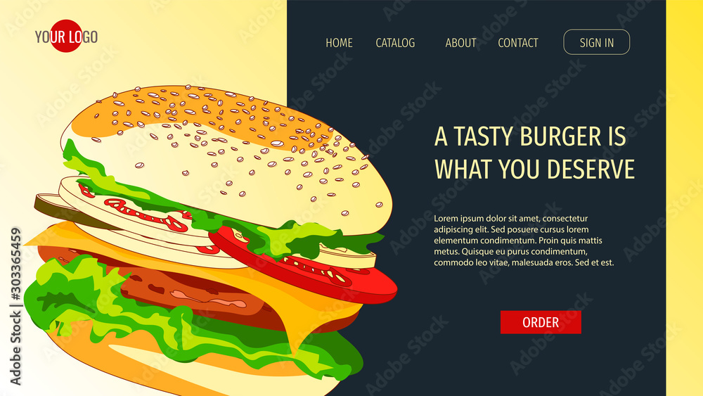 Web page design for Fast food, Street cafe, Restaurant menu, Junk food. Sketch of the burger with meat, cheese, tomato, cucumber, lettuce. Perfect for poster, banner, flyer, menu, website. Web page design for Fast food, Street cafe, Restaurant menu, Junk food. Sketch of the burger with meat, cheese, tomato, cucumber, lettuce. Perfect for poster, banner, flyer, menu, website.