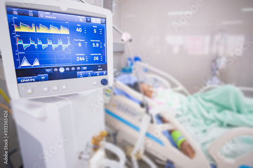 Ventilator monitor ,given oxygen by intubation tube to patient, setting in ICU/Emergency room photo