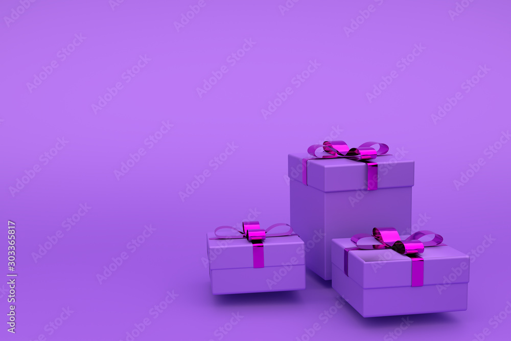 Gift boxes in violet paper , decorated with ribbon. Concept of greeting card , copy space, 3d gift set on a purple background Gift boxes in violet paper , decorated with ribbon. Concept of greeting card , copy space, 3d gift set on a purple background