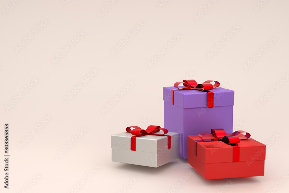 Obraz premium 3d rendering of realistic white, red and violet gift box with ribbon bow . Empty space for party, promotion social media banners, posters. Present boxes in pastel colors