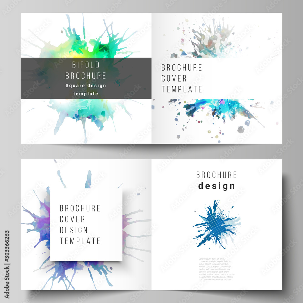 The vector illustration of the editable layout of two covers templates for square design bifold brochure, magazine, flyer, booklet. Colorful watercolor paint stains vector backgrounds.