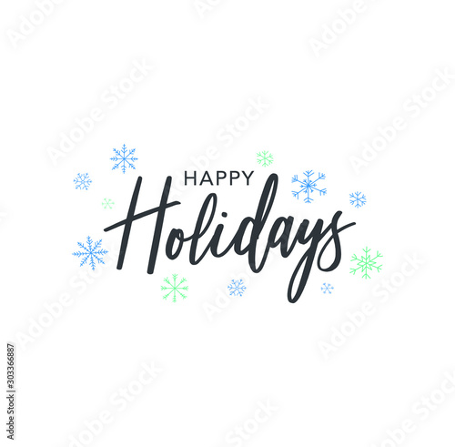 Happy Holidays Calligraphy Vector Text With Hand Drawn Blue Winter Snowflakes Over White Background