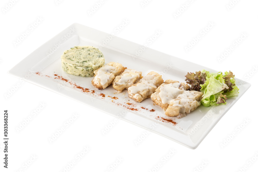 deep fried fish fillet in batter with mashed potato and sauce isolated on white background deep fried fish fillet in batter with mashed potato and sauce isolated on white background