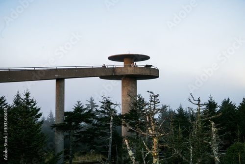 Foggy sunrise view on hiking path and clingmans dome in great smoky mountains  photo