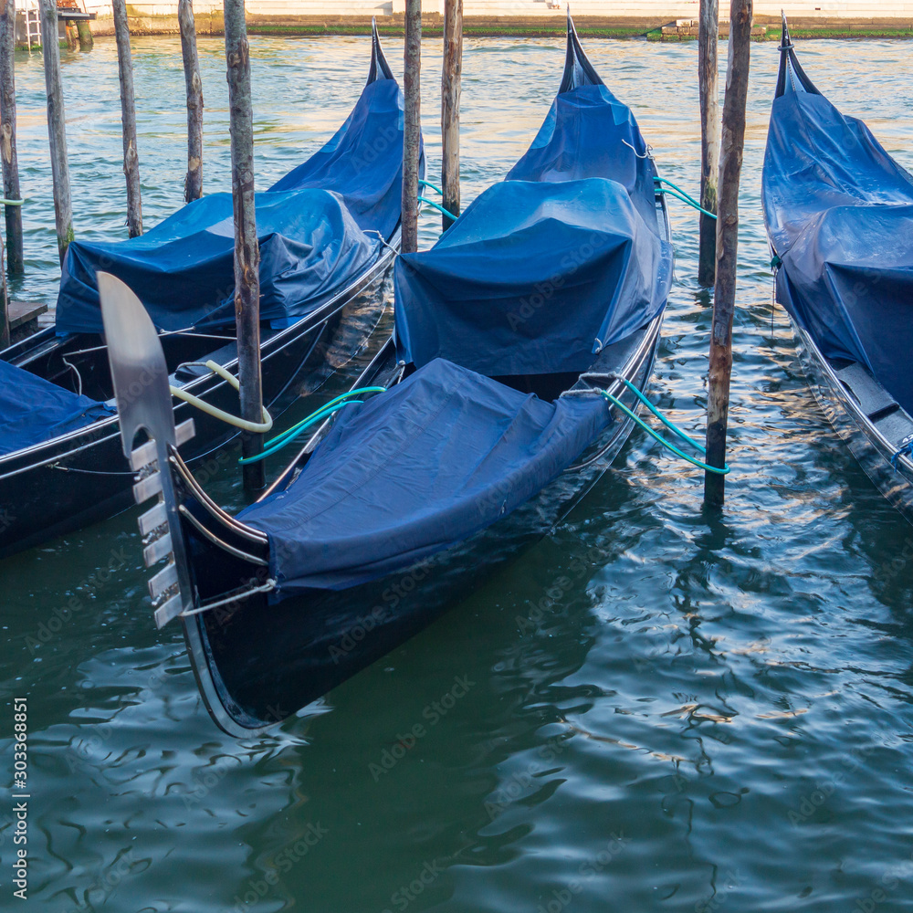 Venice, Italy. Moored gondolas, traditional Venetian rowing boats