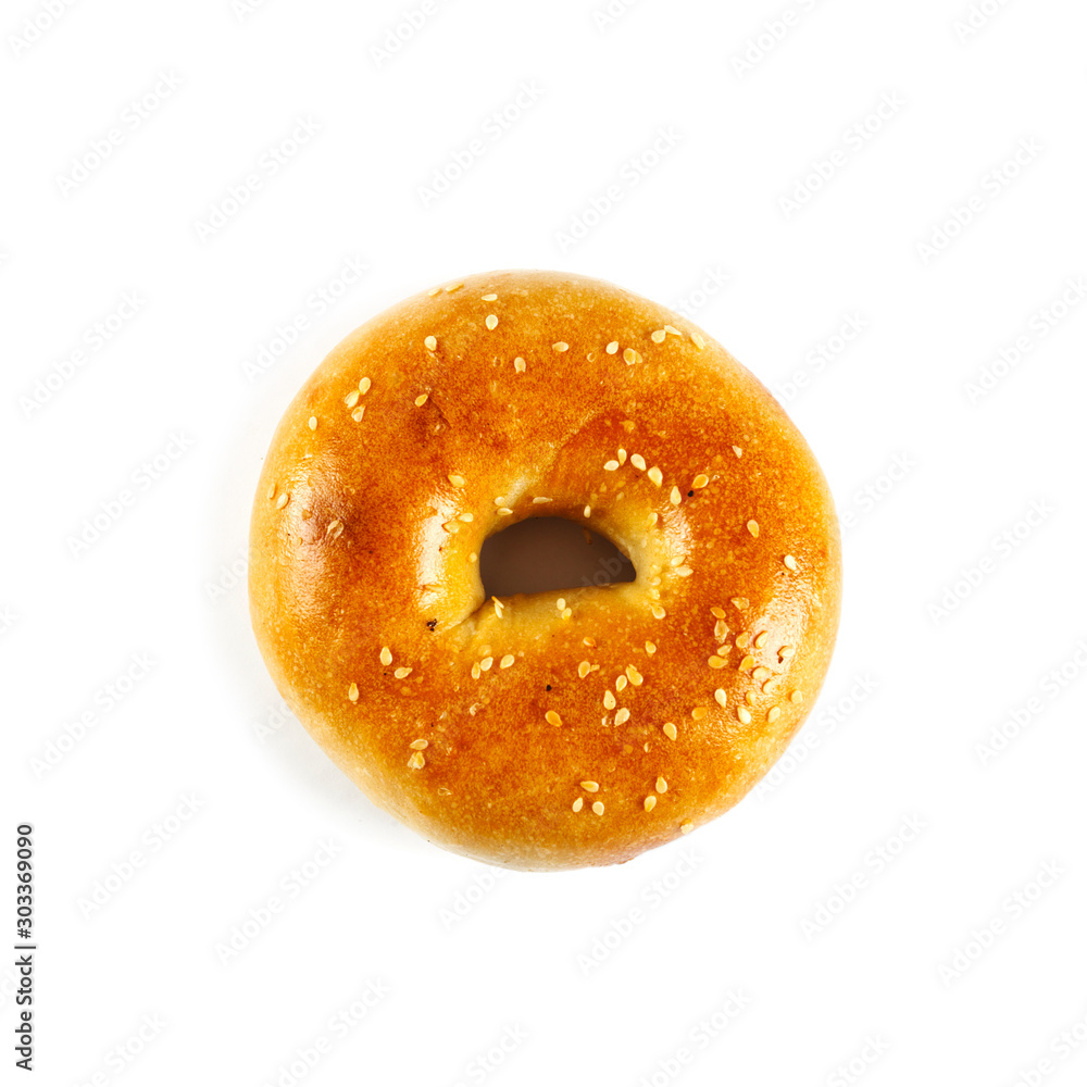 Fresh bagels isolated on white background, top view
