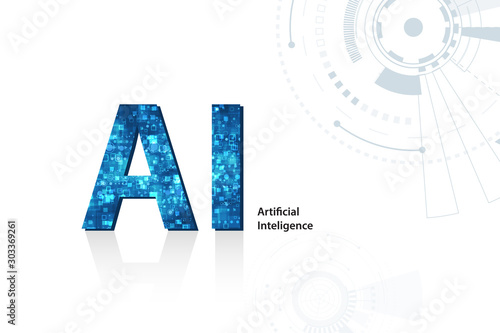 Abstract futuristic digital and technology on dark blue color background. AI(Artificial Intelligence) wording with the circuit design.