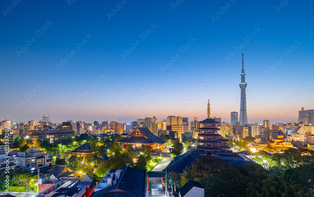View sunrise of Tokyo skyline with Senso-ji Temple and Tokyo skytree at Tokyo of Japan