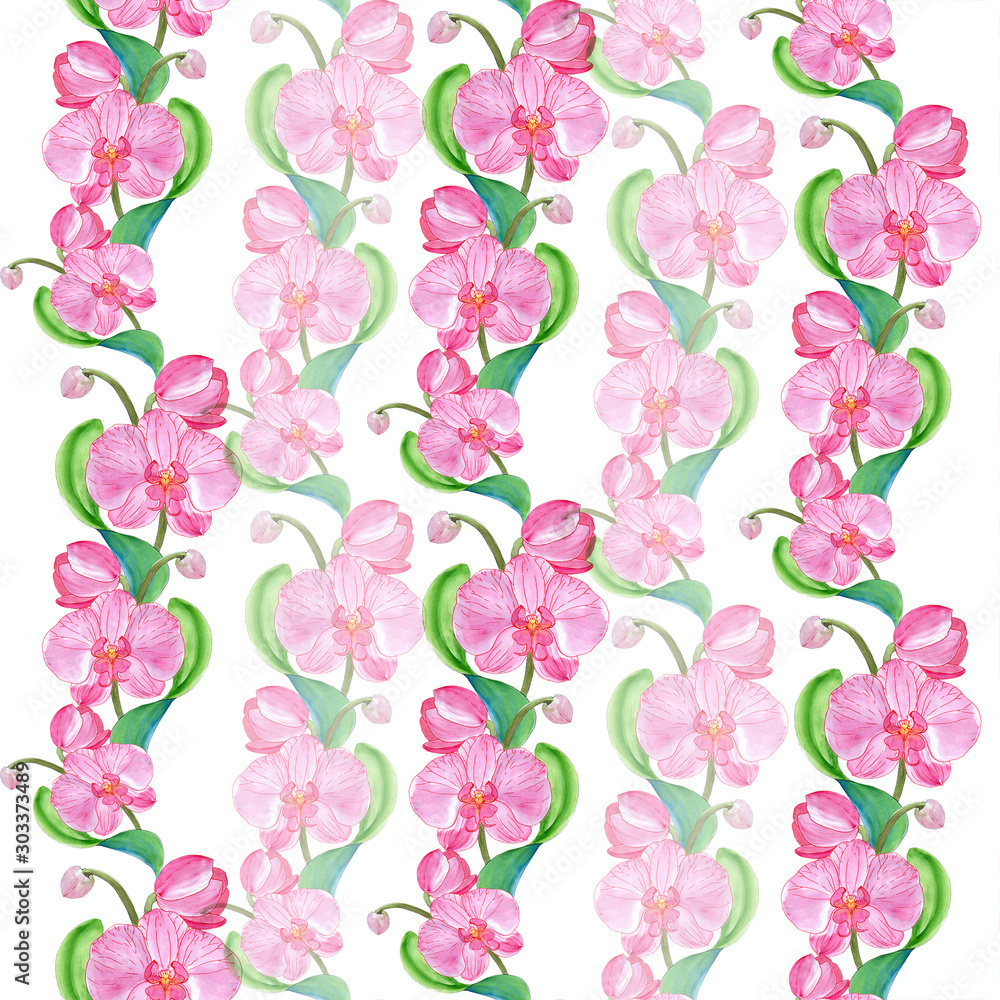 Orchids. Branch with flowers, buds and leaves on a dark background. Seamless background. Collage of flowers and leaves. Use printed materials, signs, objects, sites, maps.