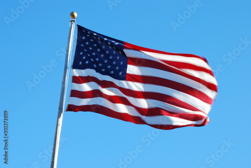 American flag against a blue sky at Fort Wadsworth in Staten Island  NY