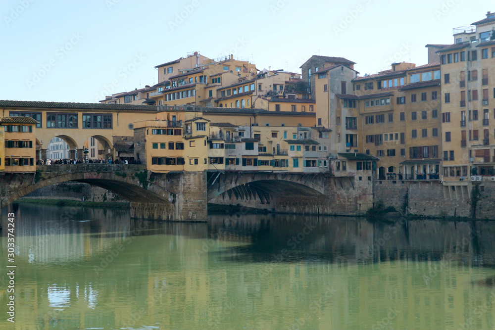 Closeup view to ponte vecchio florence italy in clear winter day