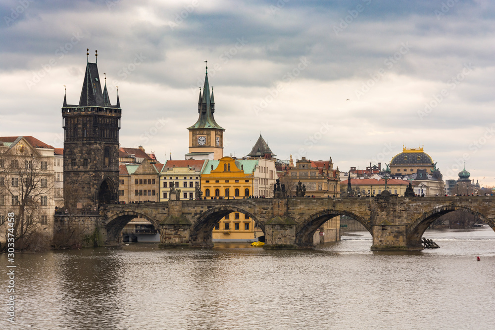 Castle of Prague and karl´s bridge. Typically view in Prague. Old memorials in the middle of europe.