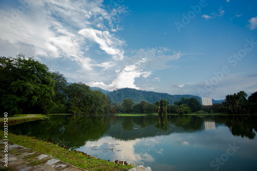 beautiful natural park view and blue sky, reflection in water