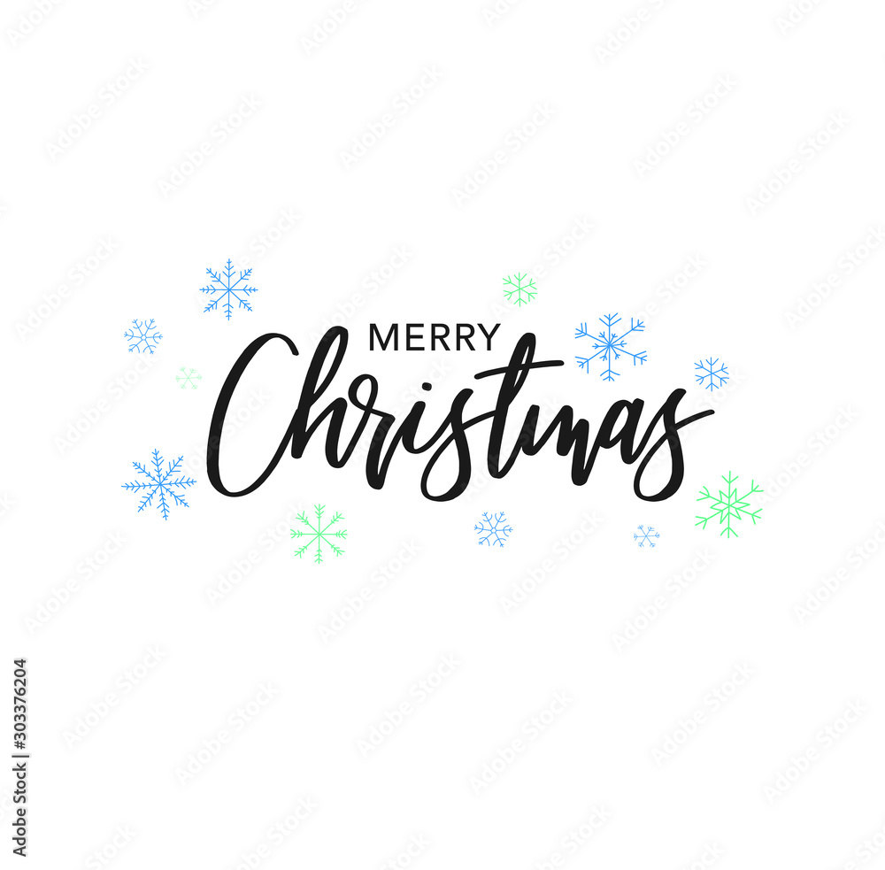 Fototapeta Mary Christmas Calligraphy Vector Text With Hand Drawn Blue Winter Snowflakes Over White Background