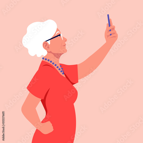 An old woman takes a selfie and holds her smartphone in her hand. A grandmother is photographed for a social network. Vector flat illustration