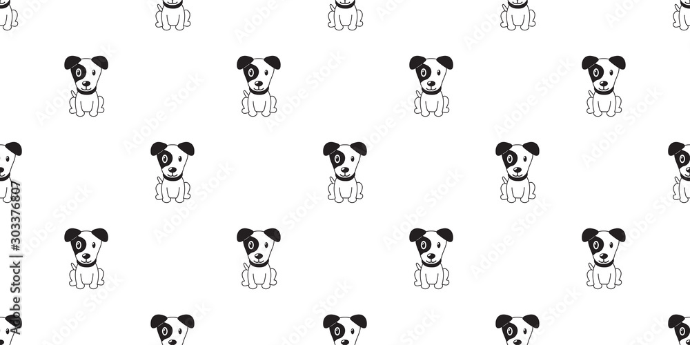 Vector cartoon character jack russell terrier dog seamless pattern background for design.